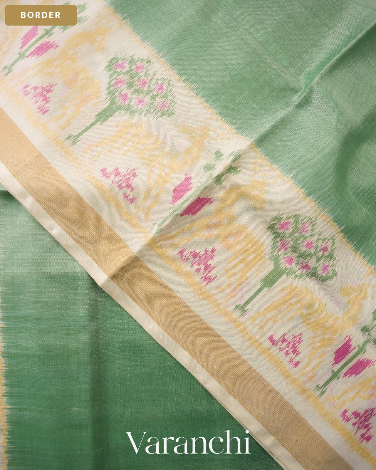 Sage Green Ikat Pure Rajkot Patola Silk Handloom Saree — Border