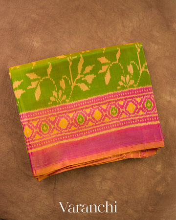 Parrot Green Floral Butta Pure Rajkot Patola Silk Handloom Saree — Folded