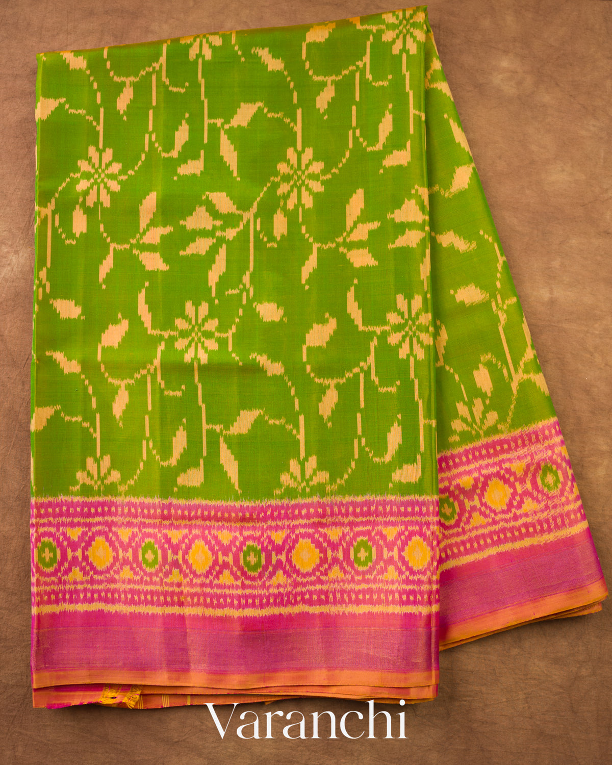 Parrot Green Floral Butta Pure Rajkot Patola Silk Handloom Saree — Full Saree