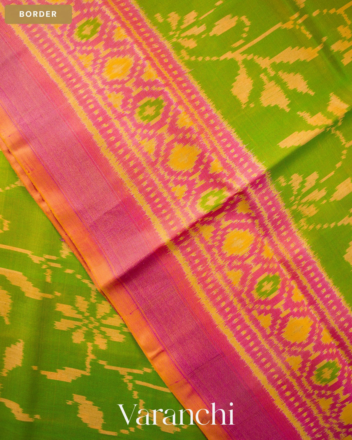 Parrot Green Floral Butta Pure Rajkot Patola Silk Handloom Saree — Border