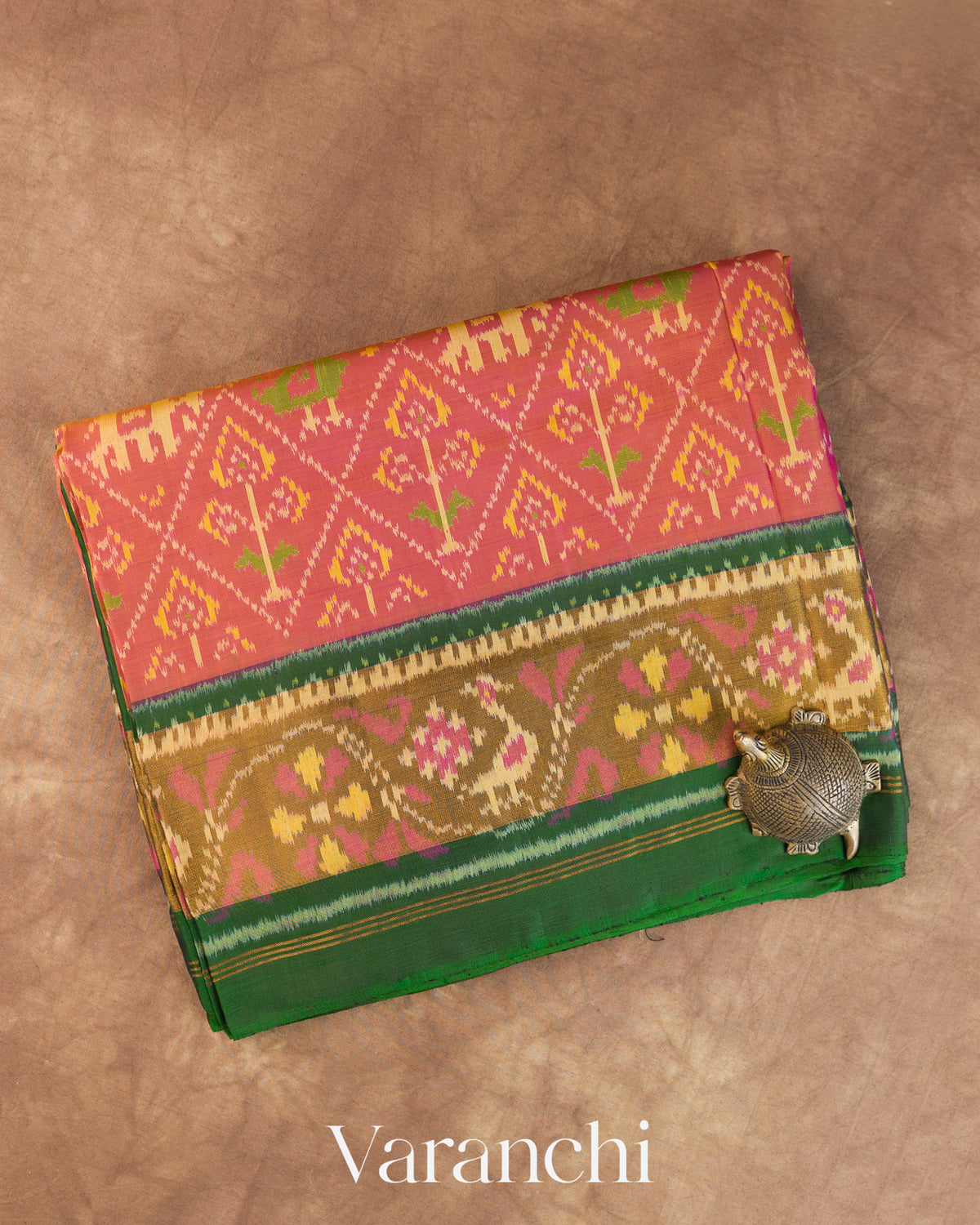 Coral Pure Rajkot Patola Silk Handloom Saree — Folded