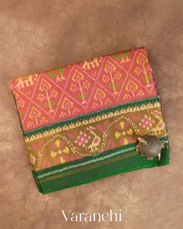 Coral Pure Rajkot Patola Silk Handloom Saree — Folded