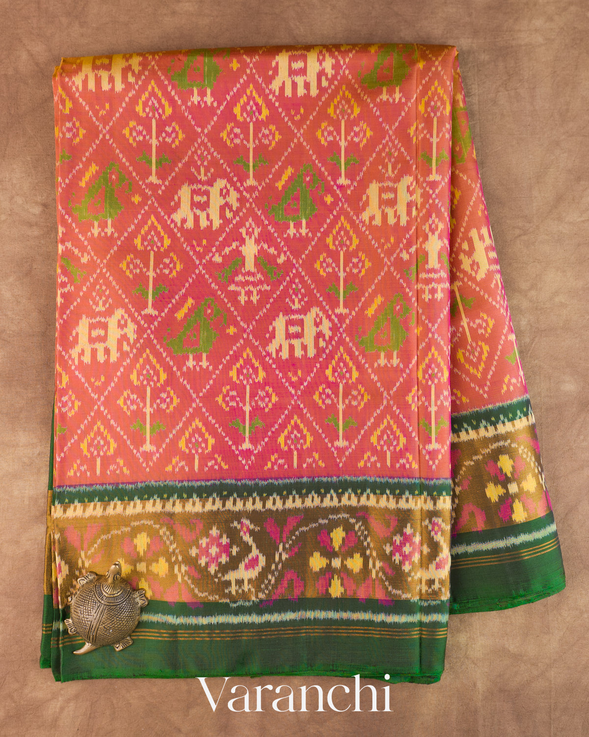 Coral Pure Rajkot Patola Silk Handloom Saree — Full Saree
