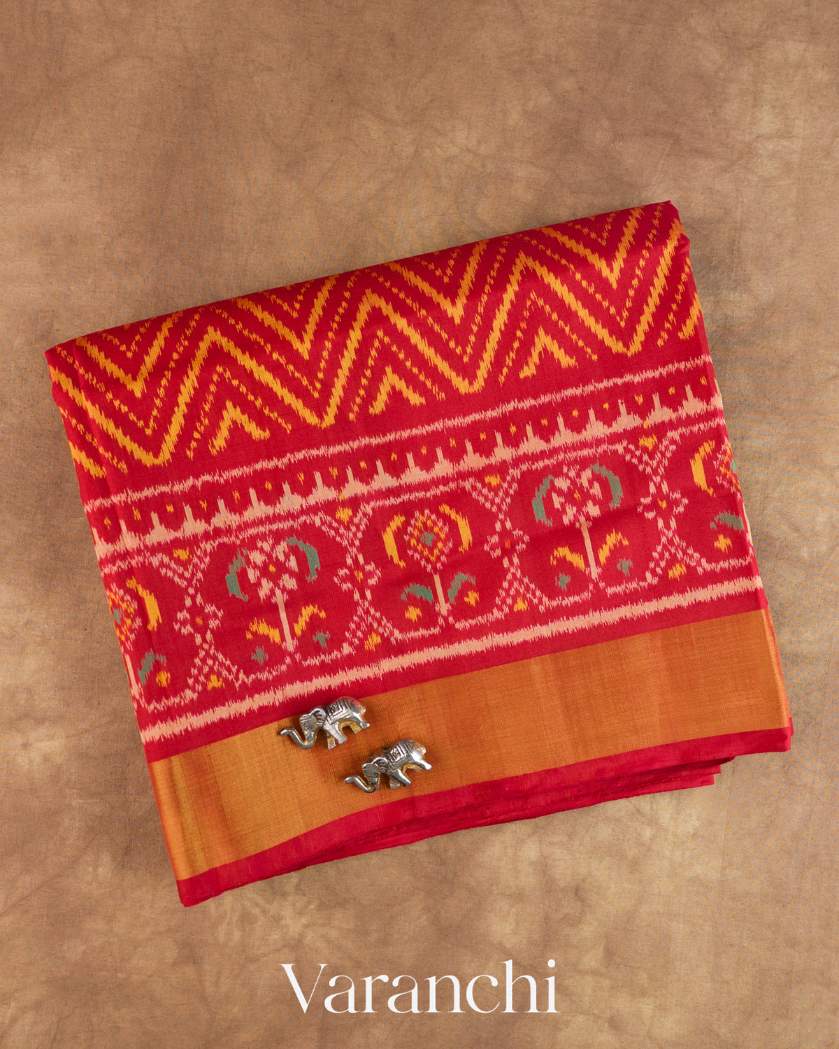 Crimson Red Pure Rajkot Patola Silk Handloom Saree — Folded