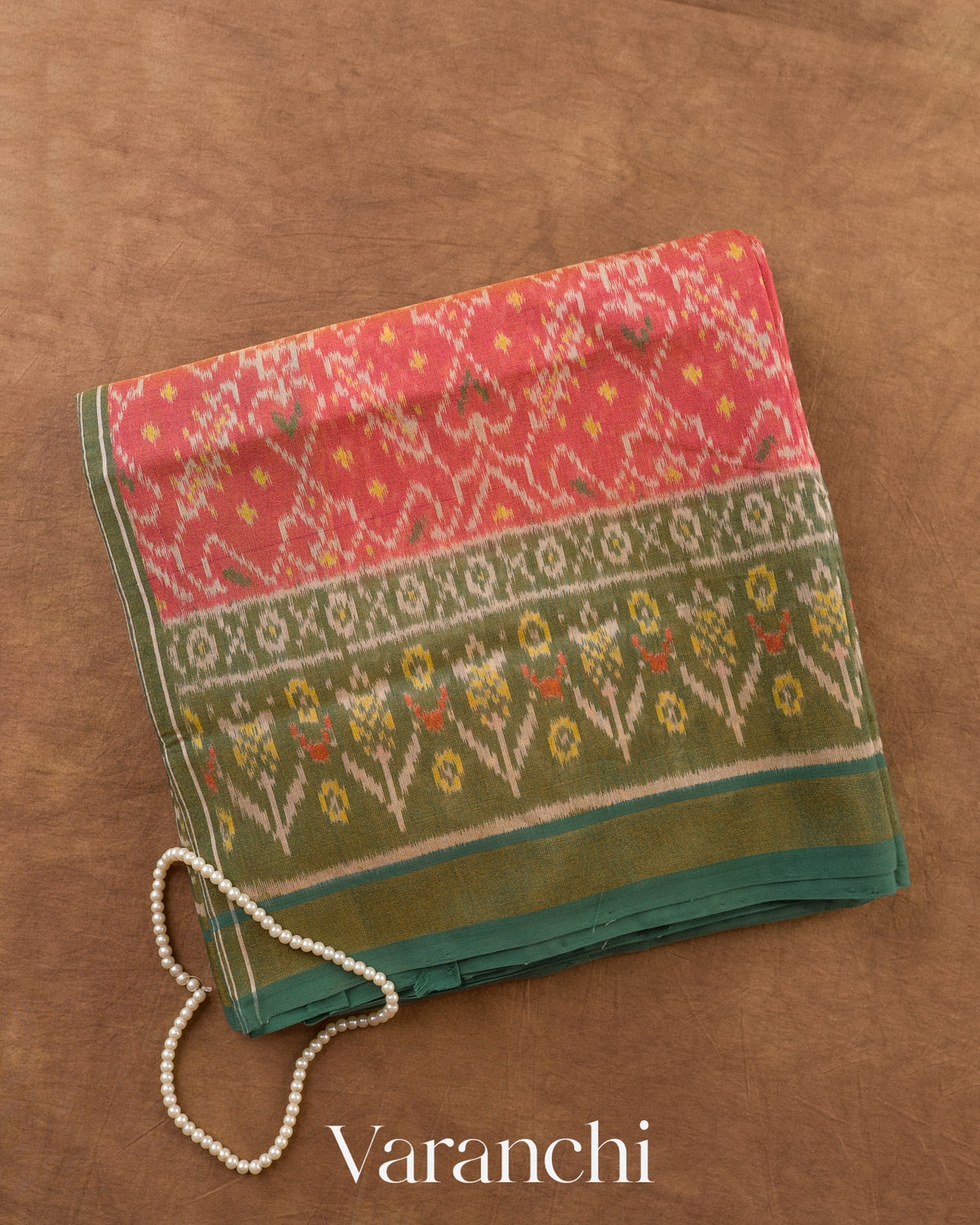 Coral Pink Pure Rajkot Patola Silk Handloom Saree — Folded