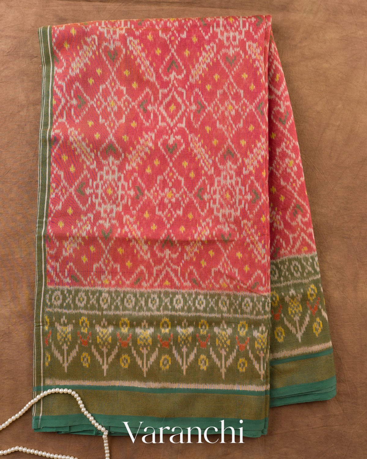 Coral Pink Pure Rajkot Patola Silk Handloom Saree — Full Saree