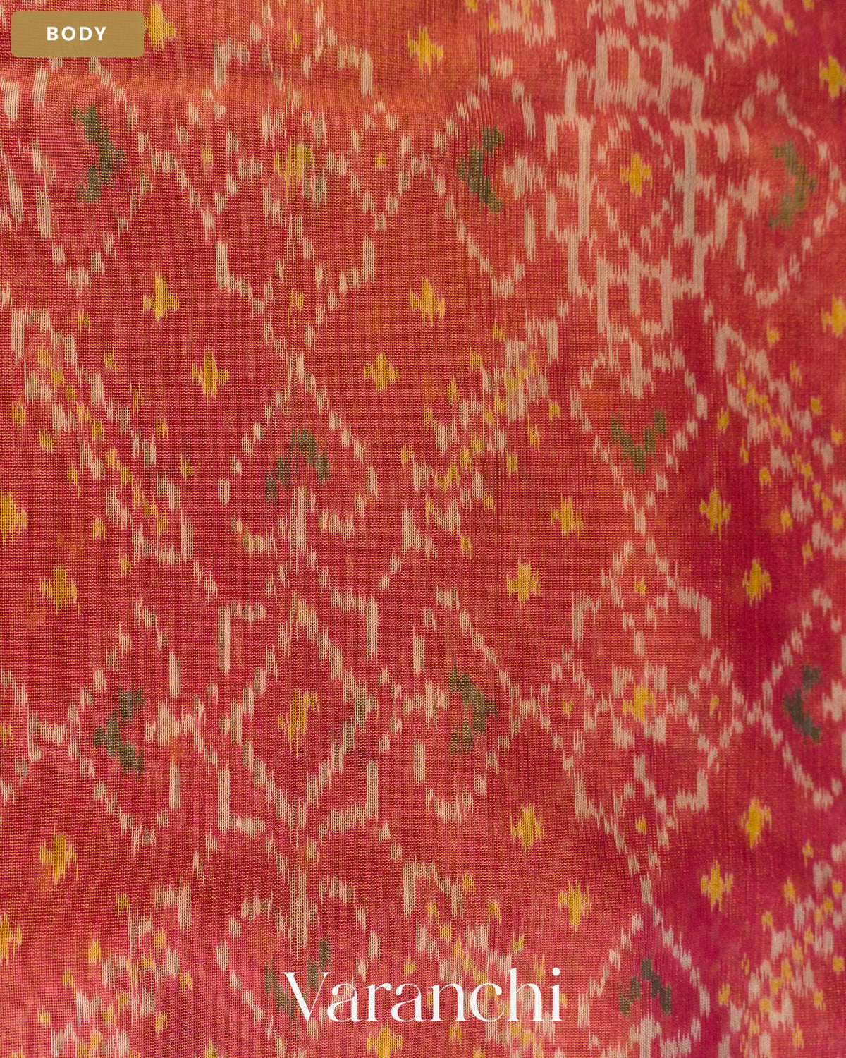 Coral Pink Pure Rajkot Patola Silk Handloom Saree — Body