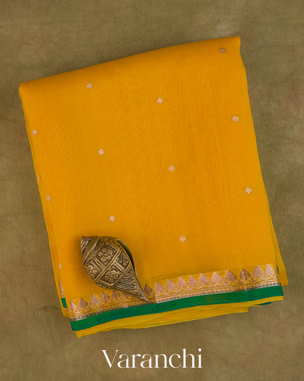Turmeric Yellow Pure Kora Silk Saree — Folded