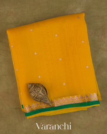 Turmeric Yellow Pure Kora Silk Saree — Folded