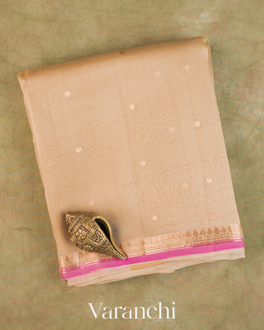 Beige Pure Kora Silk Saree — Folded