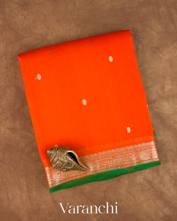 Sunset Orange Pure Kora Silk Saree — Folded