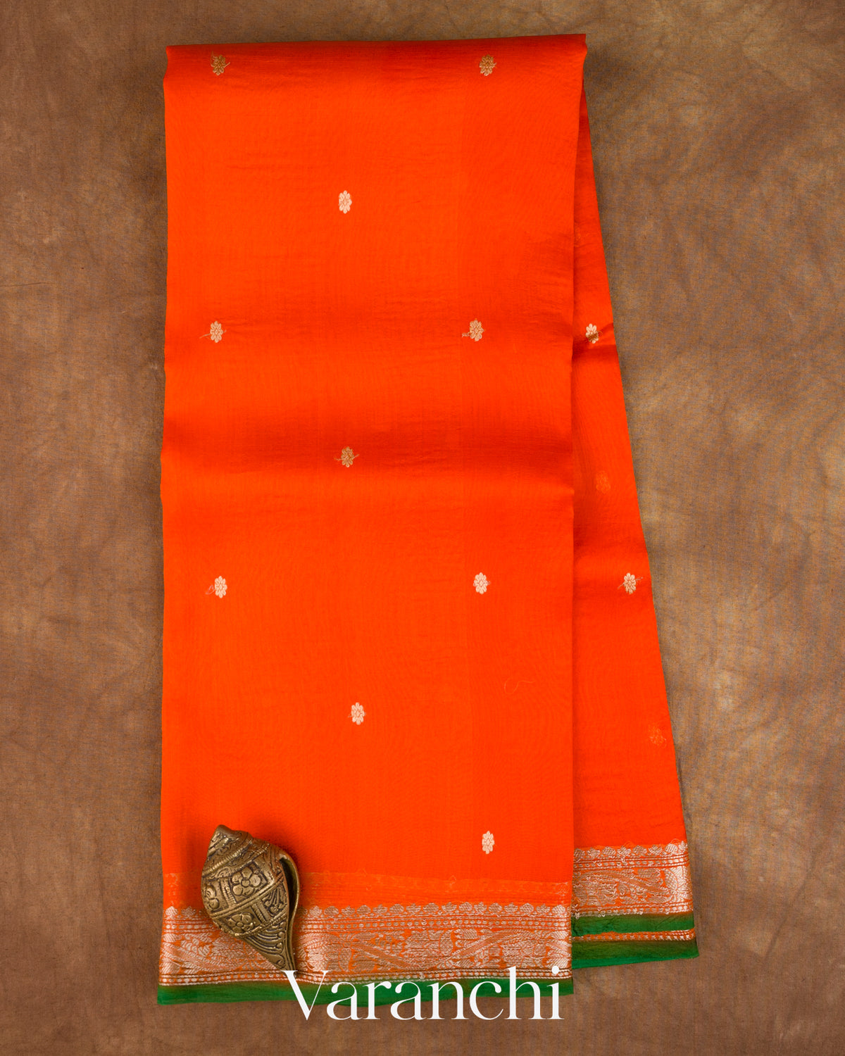 Sunset Orange Pure Kora Silk Saree — Full Saree