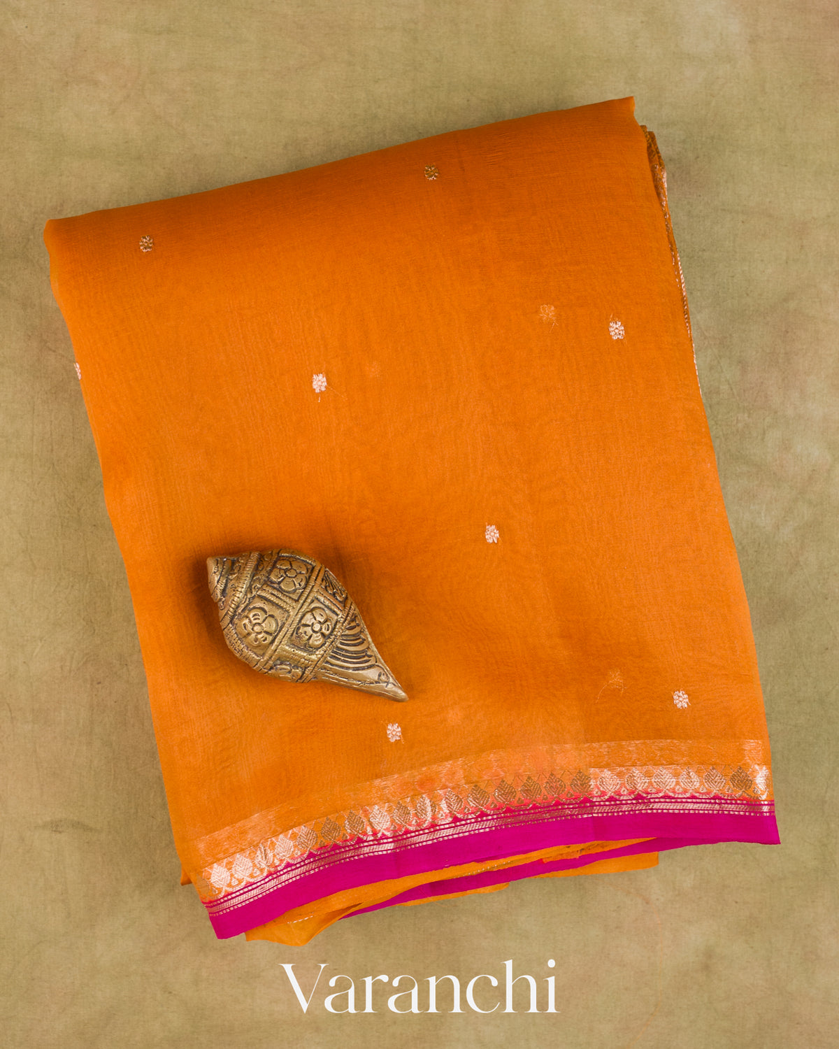 Rust Orange Pure Kora Silk Saree — Folded