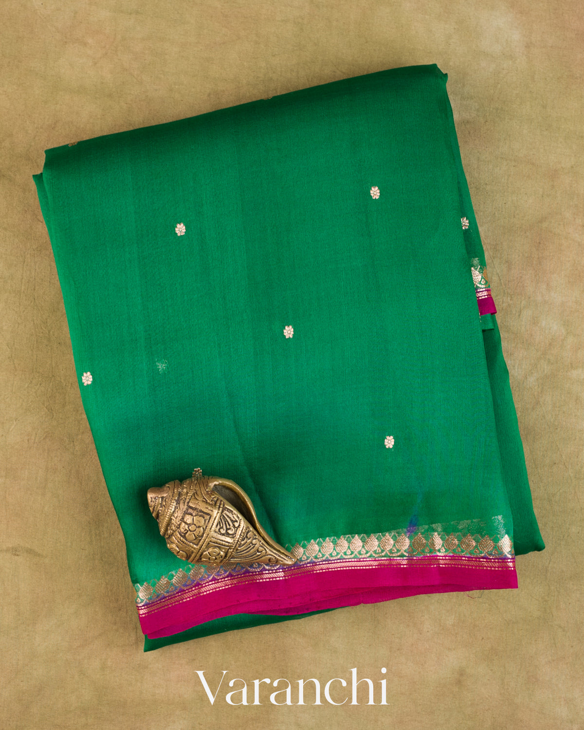 Rama Green Pure Kora Silk Saree — Folded