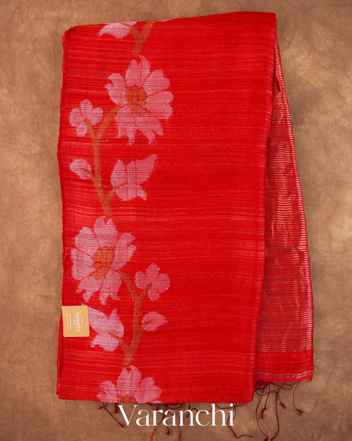 Tulip Red Floral Jamdani Pure Matka Silk Handloom Saree — Full Saree
