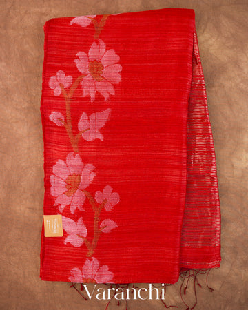 Tulip Red Floral Jamdani Pure Matka Silk Handloom Saree — Full Saree
