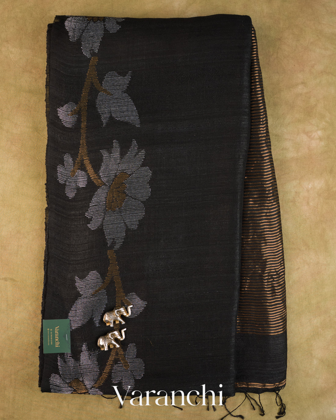 Jet Black Floral Jamdani Pure Matka Silk Handloom Saree — Full Saree