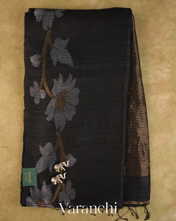 Jet Black Floral Jamdani Pure Matka Silk Handloom Saree — Full Saree