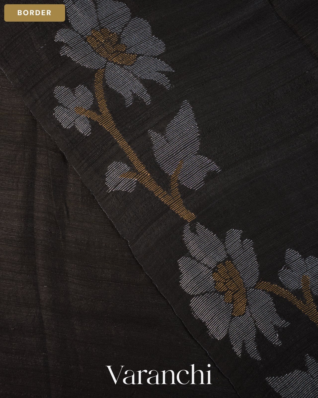 Jet Black Floral Jamdani Pure Matka Silk Handloom Saree — Border