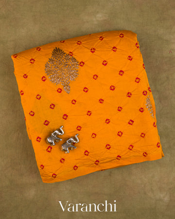 Turmeric Yellow Bandhani Pure Chiniya Silk Saree — Folded