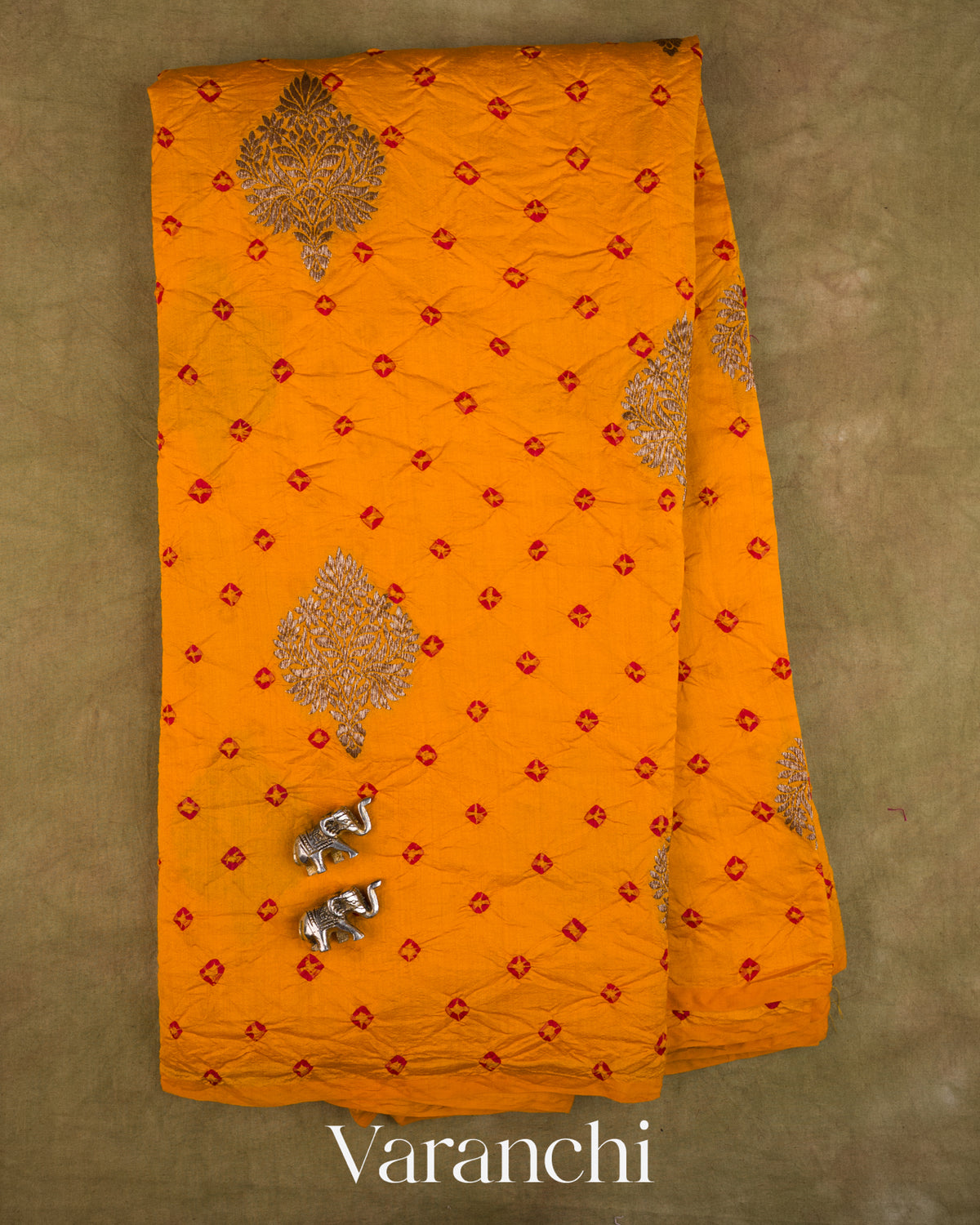Turmeric Yellow Bandhani Pure Chiniya Silk Saree — Full Saree