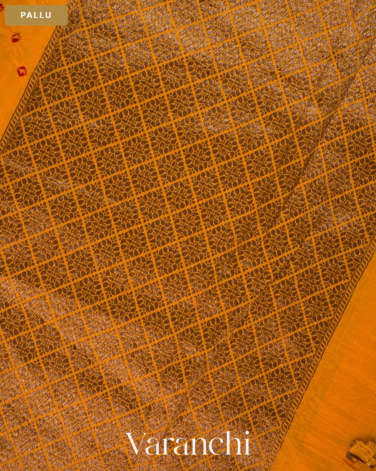Turmeric Yellow Bandhani Pure Chiniya Silk Saree — Pallu