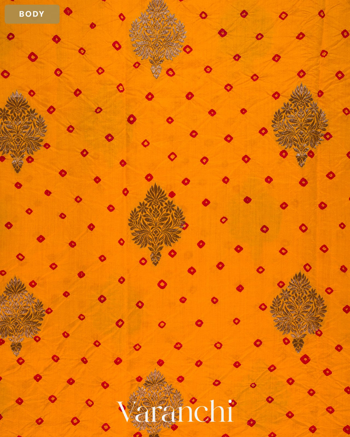 Turmeric Yellow Bandhani Pure Chiniya Silk Saree — Body