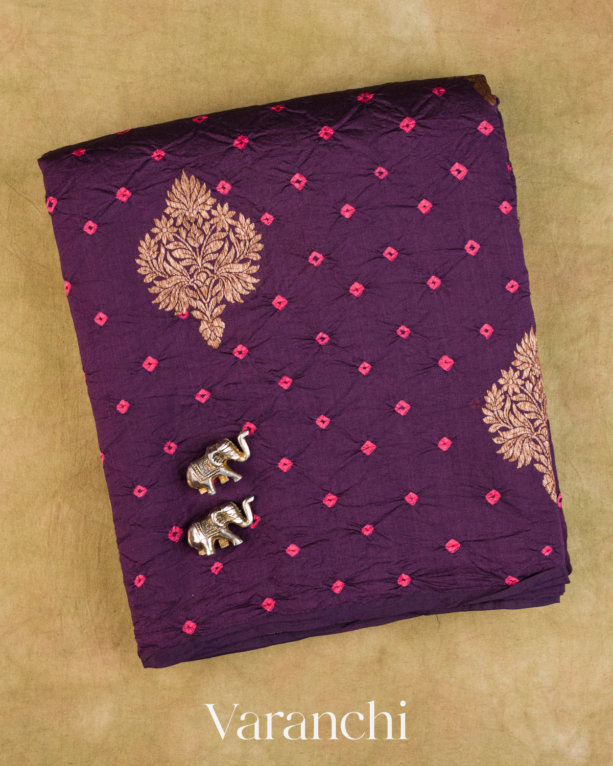Dark Wine Bandhani Pure Chiniya Silk Saree — Folded