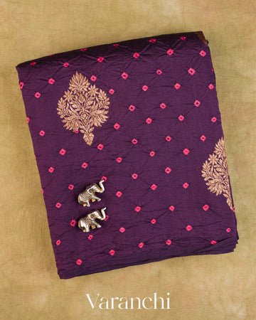 Dark Wine Bandhani Pure Chiniya Silk Saree — Folded