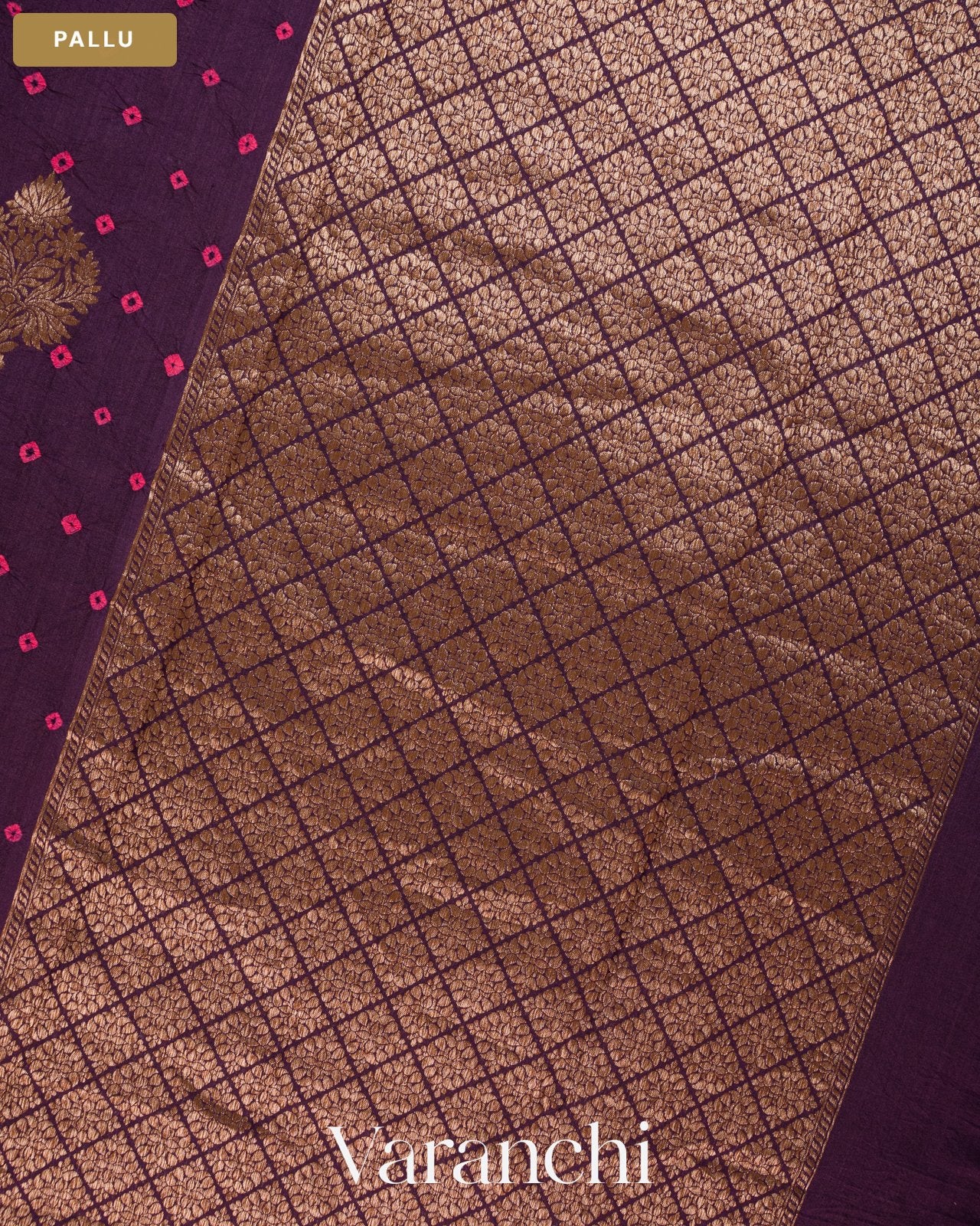 Dark Wine Bandhani Pure Chiniya Silk Saree — Pallu