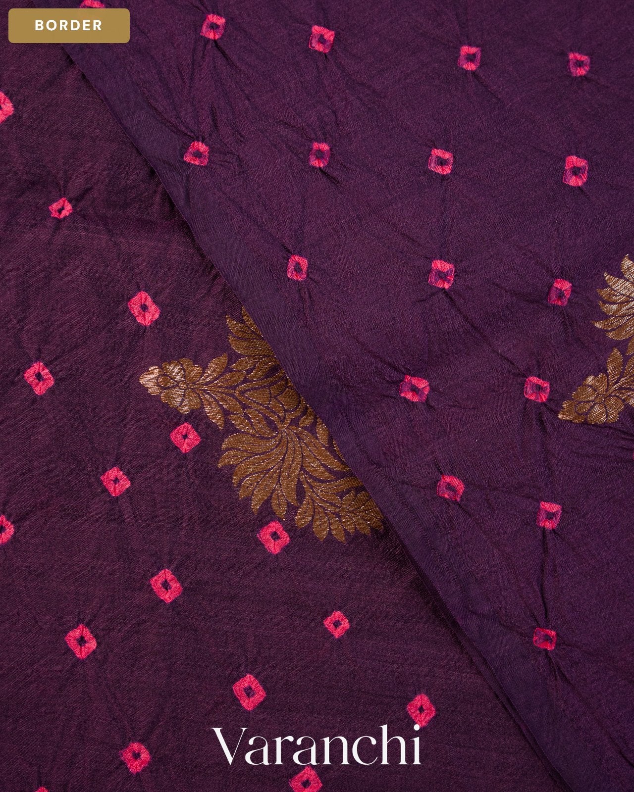 Dark Wine Bandhani Pure Chiniya Silk Saree — Border