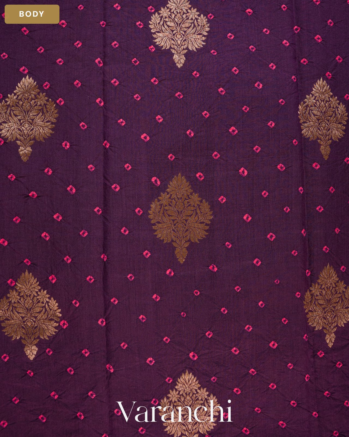 Dark Wine Bandhani Pure Chiniya Silk Saree — Body
