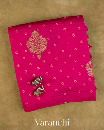 Rani Pink Bandhani Pure Chiniya Silk Saree