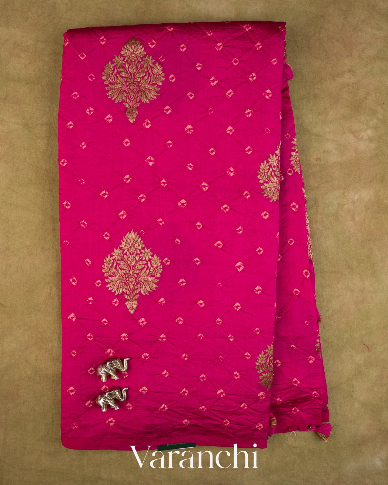 Rani Pink Bandhani Pure Chiniya Silk Saree — Full Saree