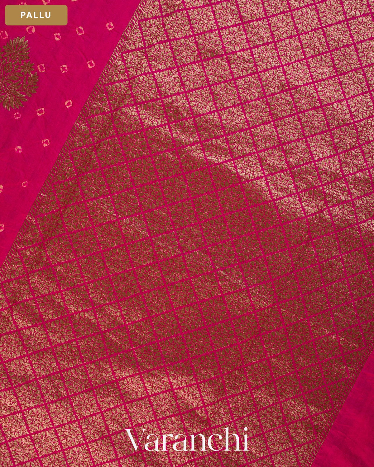 Rani Pink Bandhani Pure Chiniya Silk Saree — Pallu