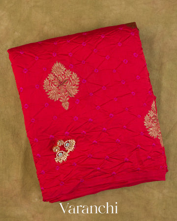 Bright Red Bandhani Pure Chiniya Silk Saree — Folded