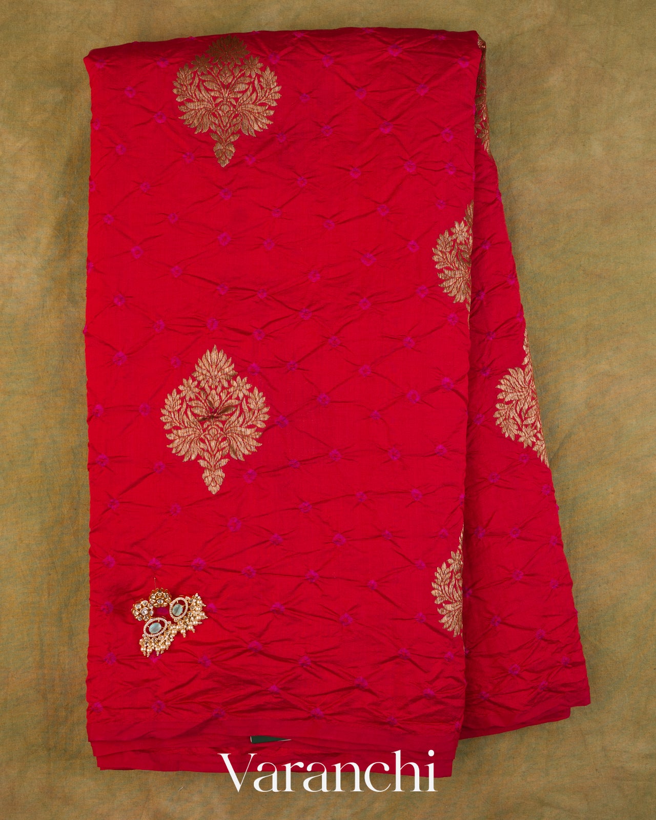 Bright Red Bandhani Pure Chiniya Silk Saree — Full Saree