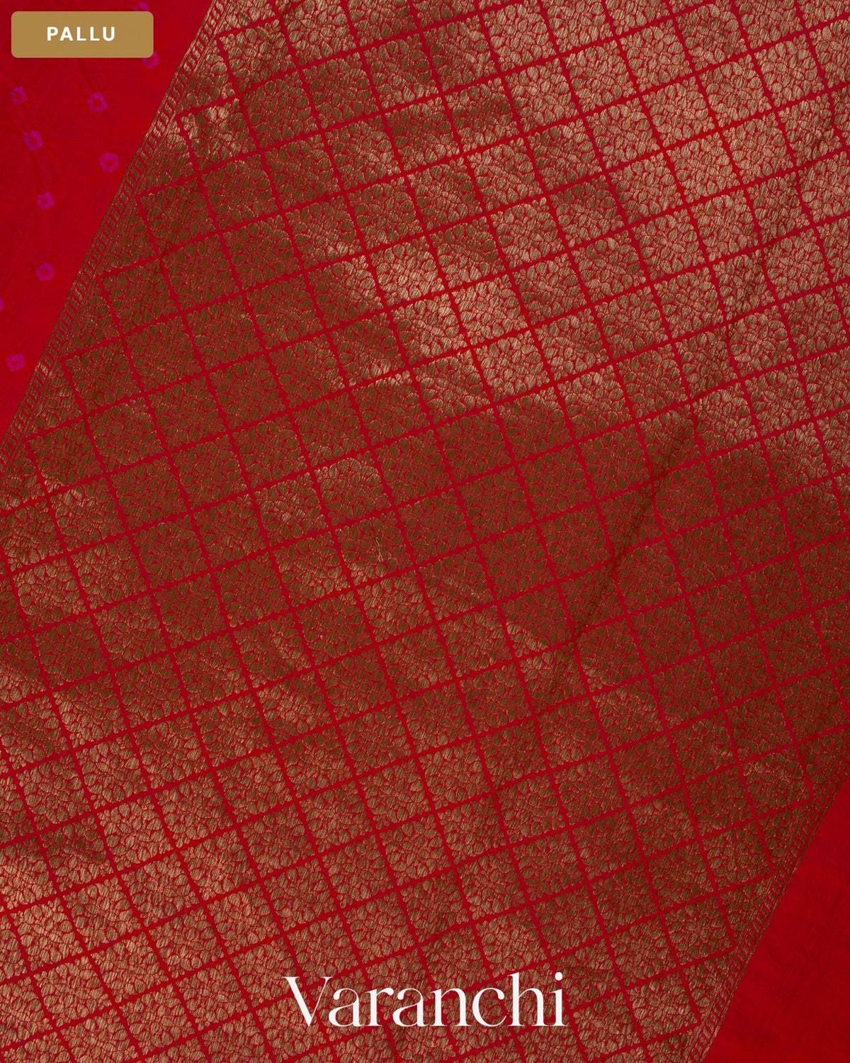 Bright Red Bandhani Pure Chiniya Silk Saree — Pallu