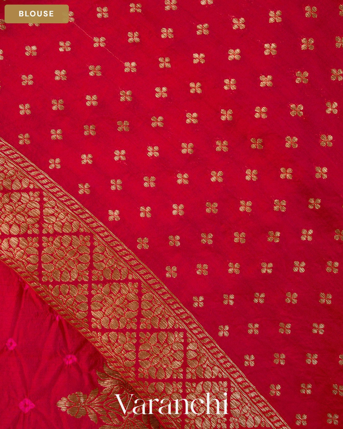 Bright Red Bandhani Pure Chiniya Silk Saree — Blouse