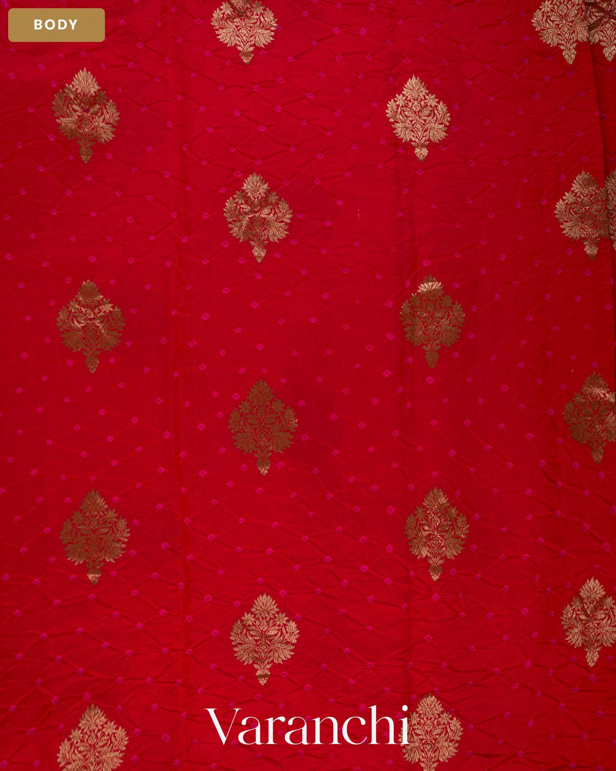 Bright Red Bandhani Pure Chiniya Silk Saree — Body