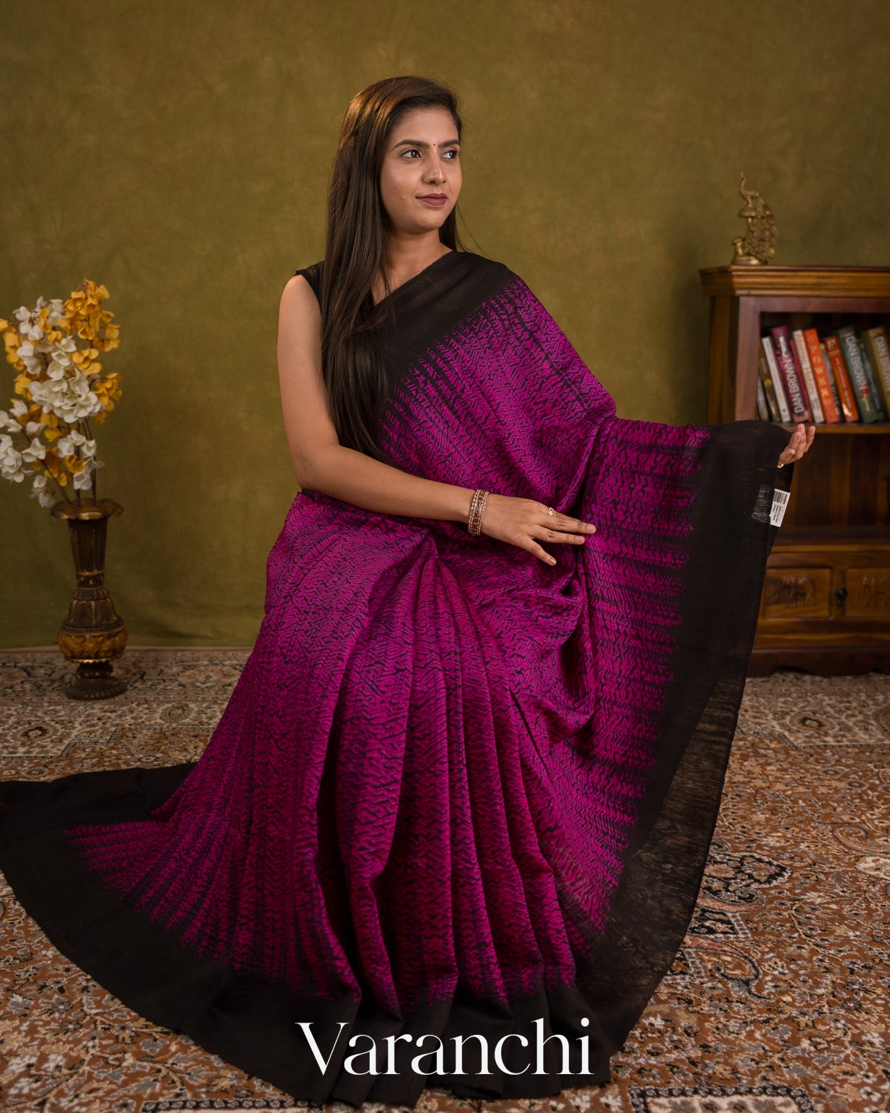Black Zigzag Striped Pure Matka Silk Handloom Saree — Draped