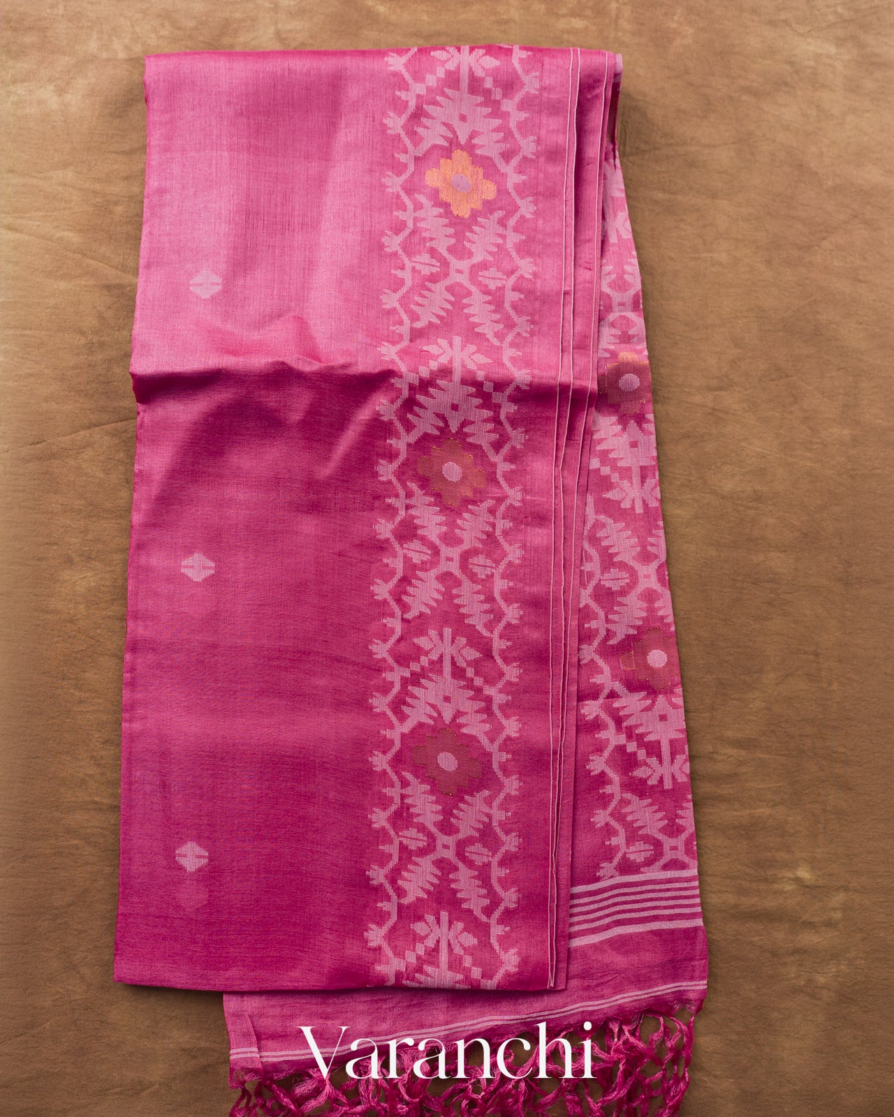 Rose Pink Pure Tussar Silk Saree — Full Saree