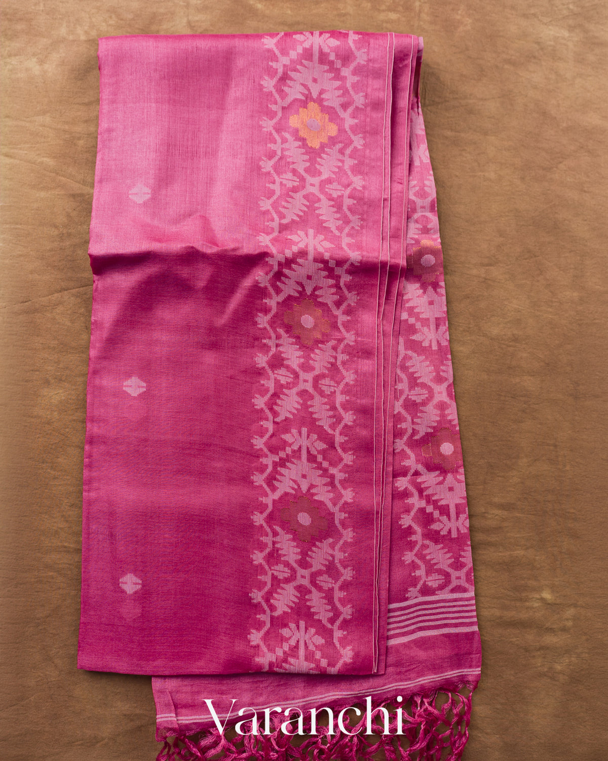 Rose Pink Jamdani Pure Tussar Silk Saree — Full Saree
