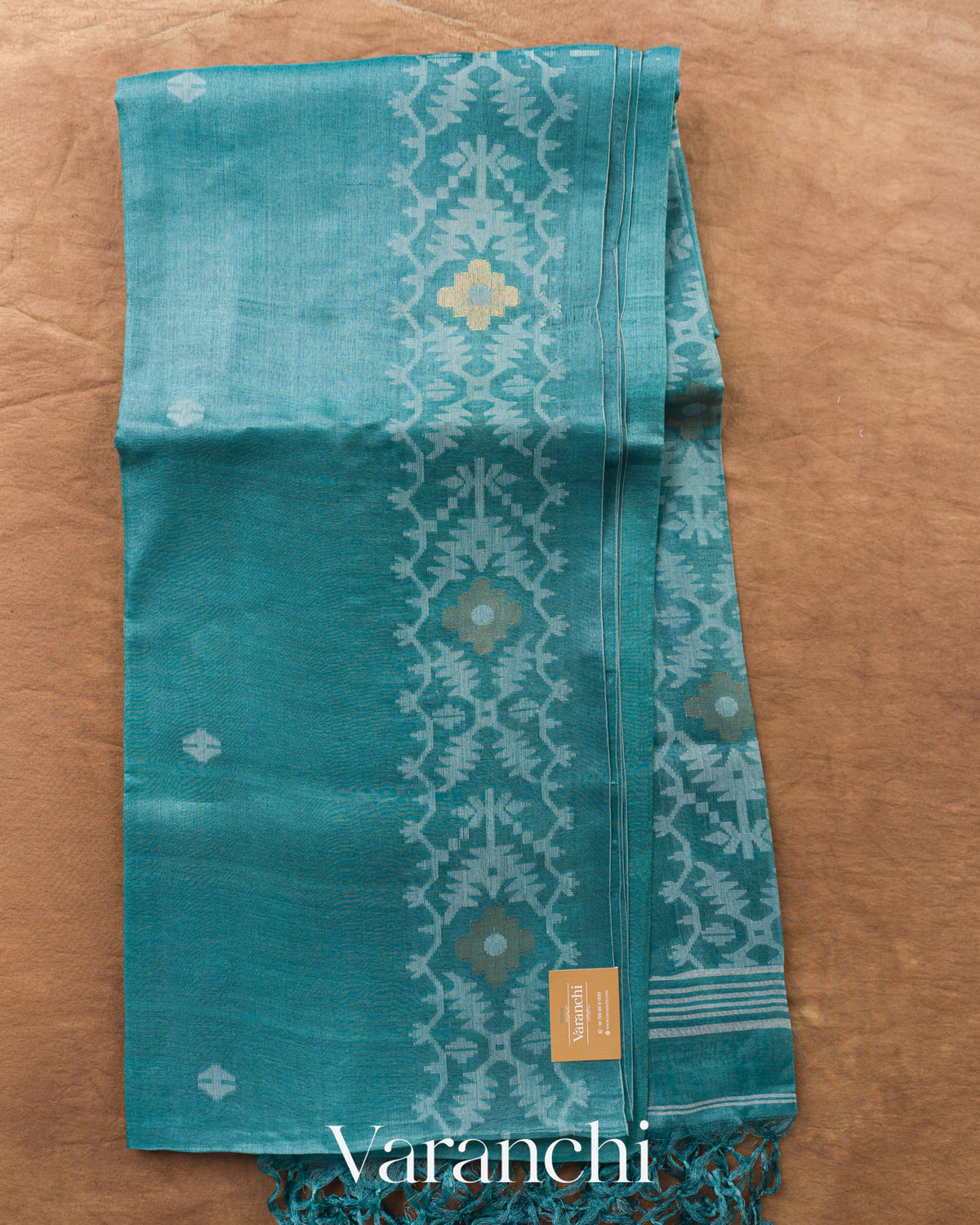 Teal Blue Jamdani Pure Tussar Silk Handloom Saree — Full Saree