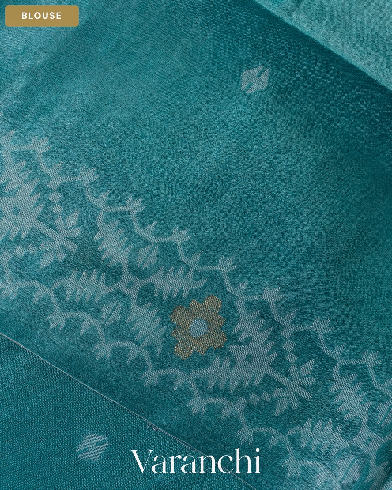 Teal Blue Jamdani Pure Tussar Silk Handloom Saree — Blouse