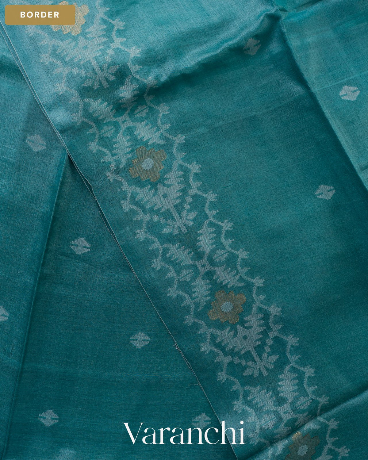 Teal Blue Jamdani Pure Tussar Silk Handloom Saree — Border