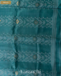 Teal Blue Jamdani Pure Tussar Silk Handloom Saree — Pallu