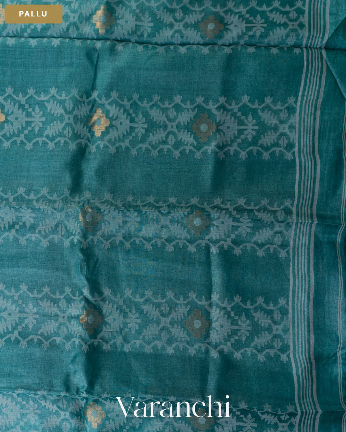 Teal Blue Jamdani Pure Tussar Silk Handloom Saree — Pallu