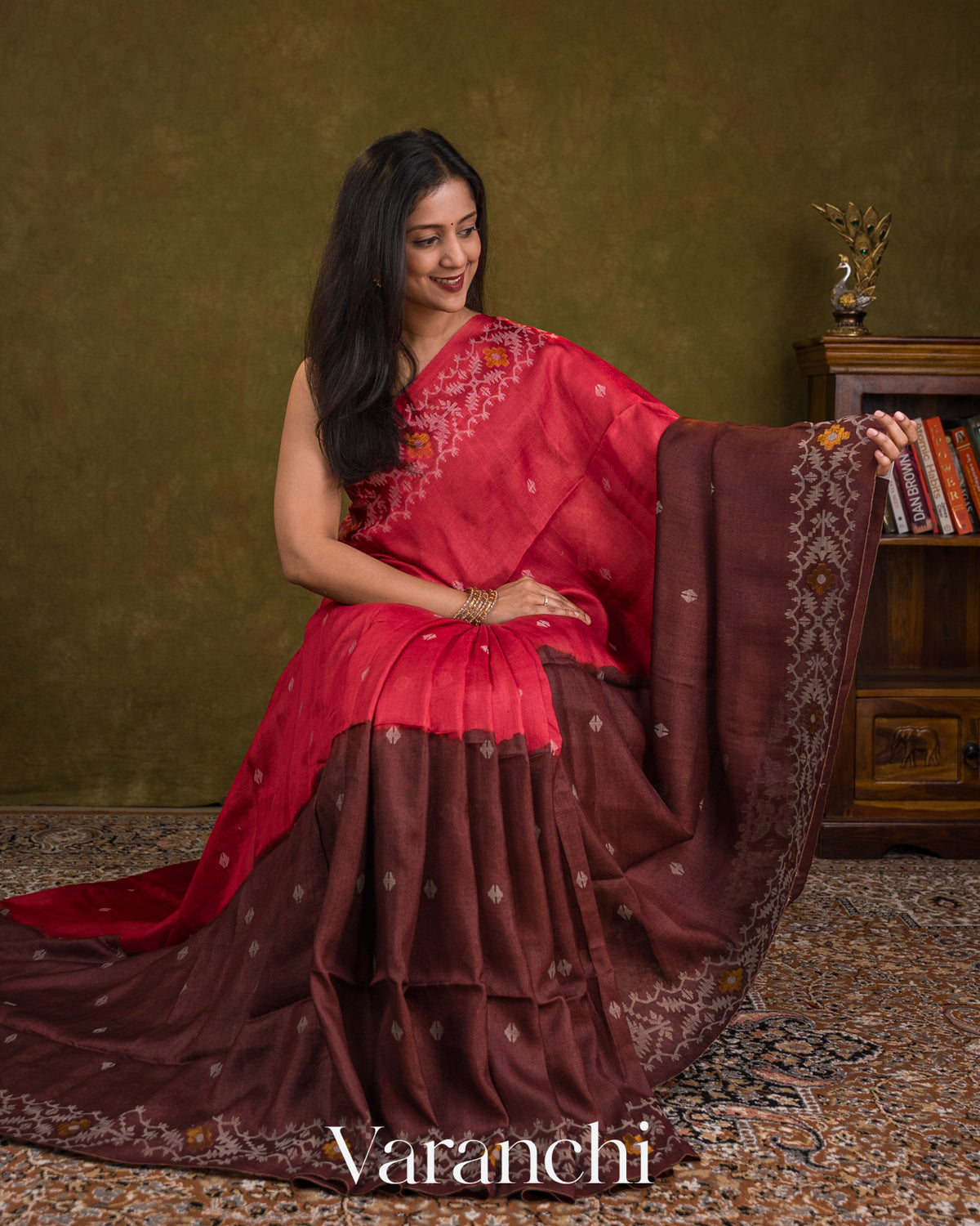 Dusty Maroon Jamdani Pure Tussar Silk Saree — Draped