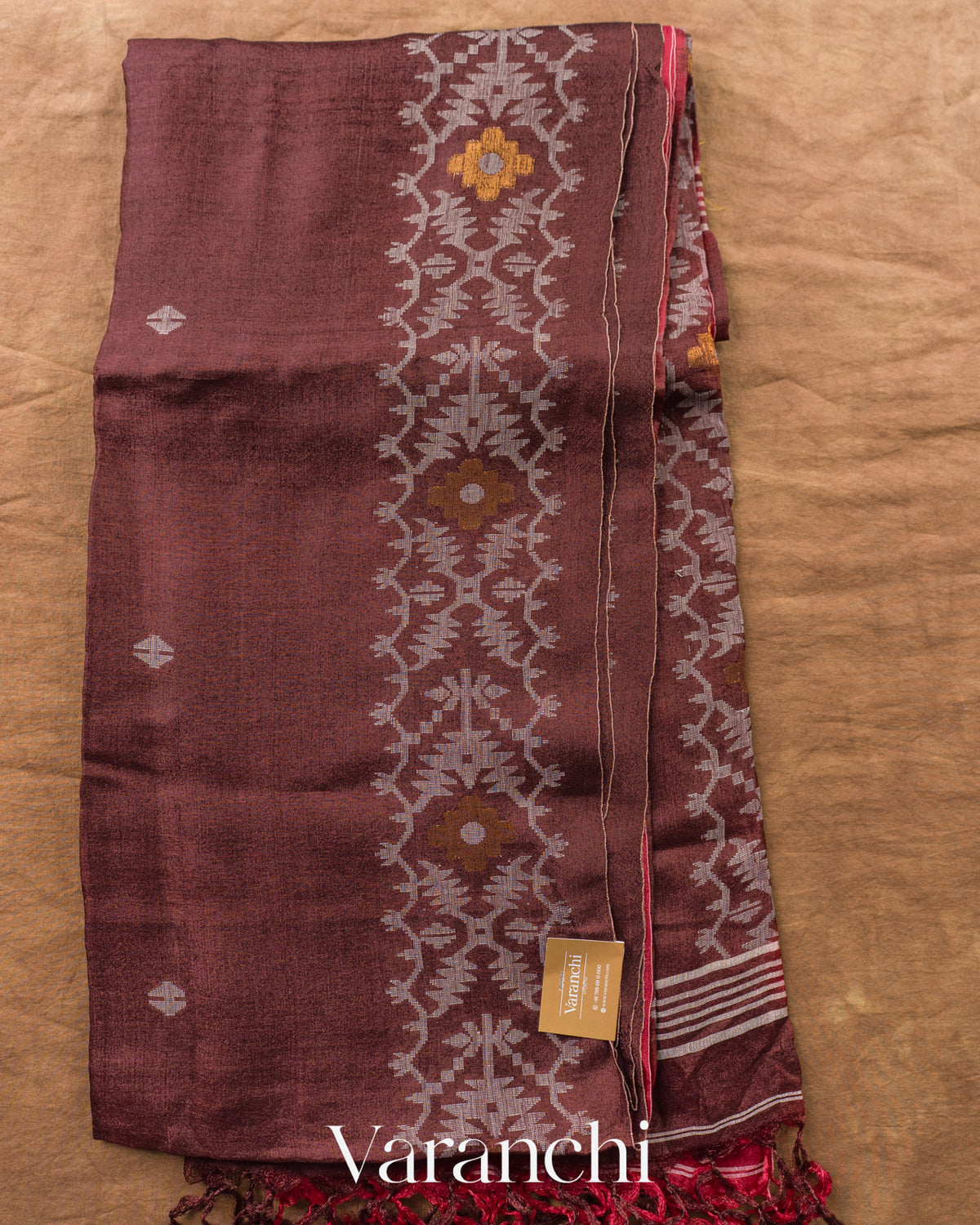 Maroon Pure Tussar Silk Handloom Saree — Full Saree